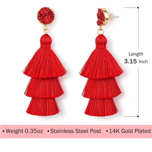 14K Yellow Gold with Gold Silk Thread Tassel and Quartz Druzy Post Drop Earrings - Picture 7 of 9